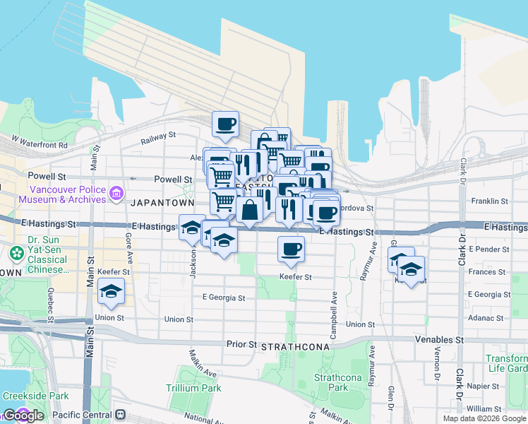 map of restaurants, bars, coffee shops, grocery stores, and more near 330 Heatley Avenue in Vancouver