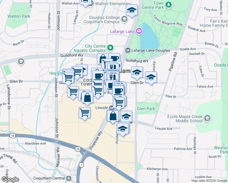 map of restaurants, bars, coffee shops, grocery stores, and more near 1188 Pinetree Way in Coquitlam