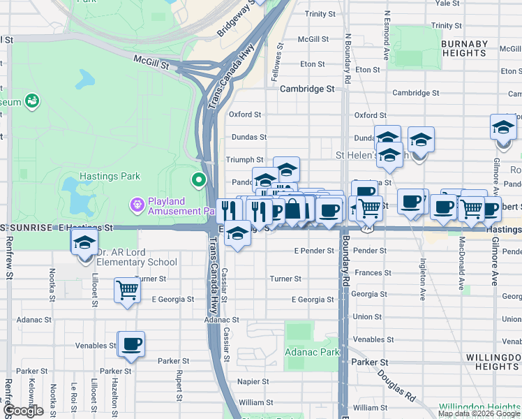 map of restaurants, bars, coffee shops, grocery stores, and more near 375 Skeena Street in Vancouver
