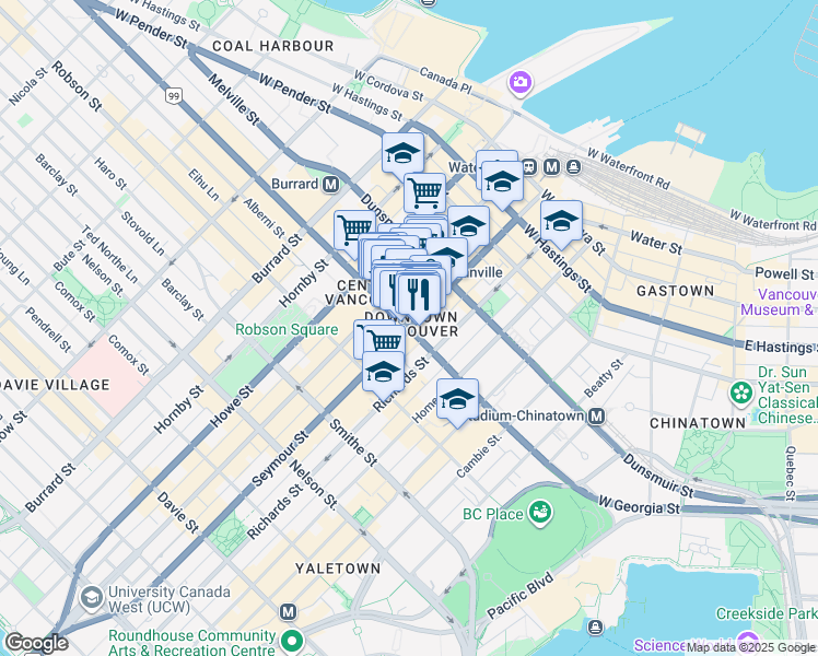 map of restaurants, bars, coffee shops, grocery stores, and more near BC-99A & Seymour St in Vancouver