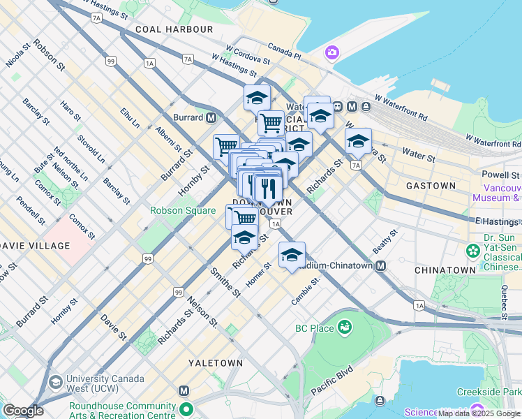 map of restaurants, bars, coffee shops, grocery stores, and more near W Georgia St & Seymour St in Vancouver