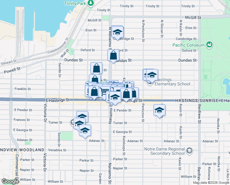 map of restaurants, bars, coffee shops, grocery stores, and more near 2428 Franklin Street in Vancouver