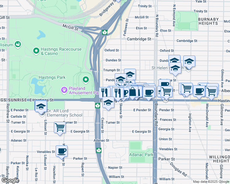 map of restaurants, bars, coffee shops, grocery stores, and more near 3474 Franklin Street in Vancouver