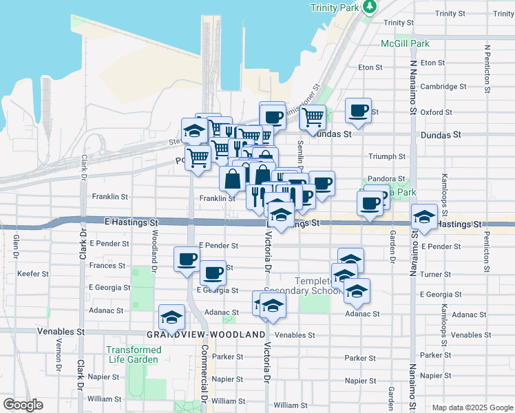 map of restaurants, bars, coffee shops, grocery stores, and more near in Vancouver