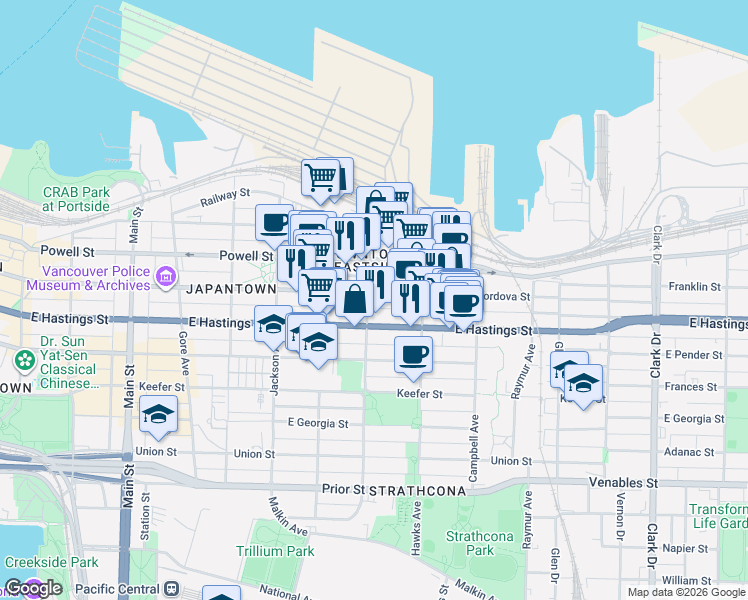 map of restaurants, bars, coffee shops, grocery stores, and more near 330 Heatley Avenue in Vancouver