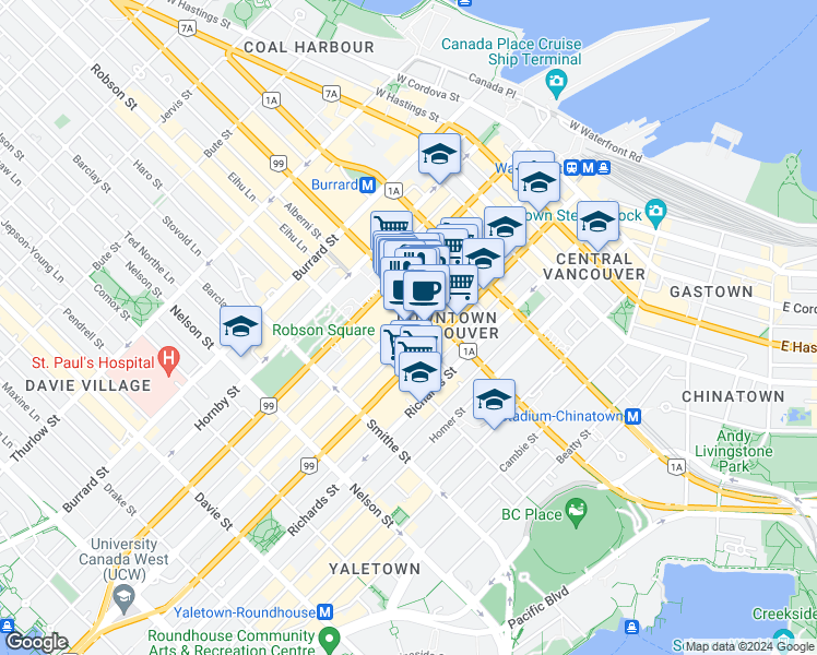 map of restaurants, bars, coffee shops, grocery stores, and more near 736 Granville Street in Vancouver