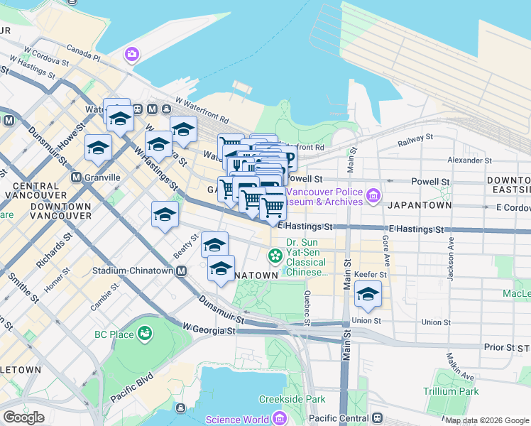 map of restaurants, bars, coffee shops, grocery stores, and more near 217 Carrall Street in Vancouver