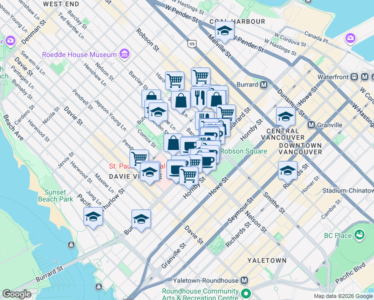 map of restaurants, bars, coffee shops, grocery stores, and more near in Vancouver