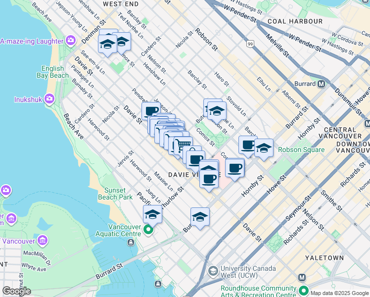 map of restaurants, bars, coffee shops, grocery stores, and more near in Vancouver