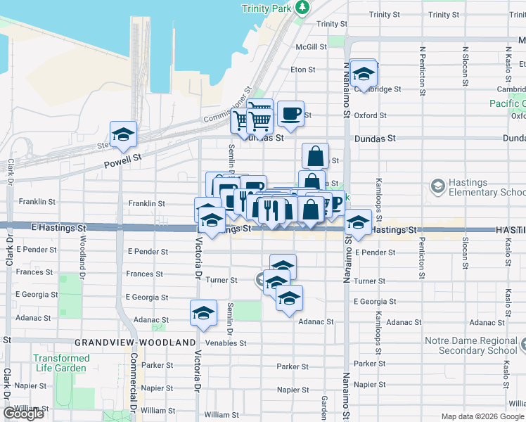map of restaurants, bars, coffee shops, grocery stores, and more near 312 Lakewood Drive in Vancouver