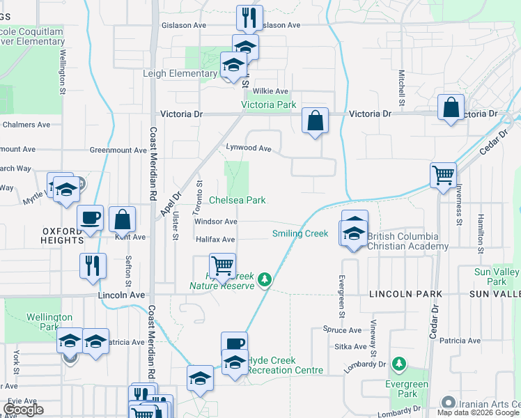 map of restaurants, bars, coffee shops, grocery stores, and more near 1236 Chelsea Avenue in Port Coquitlam
