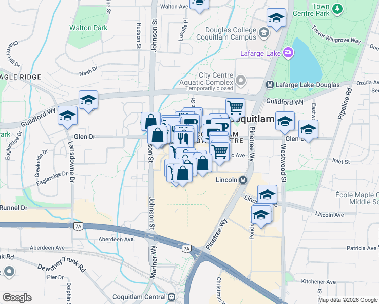 map of restaurants, bars, coffee shops, grocery stores, and more near in Coquitlam
