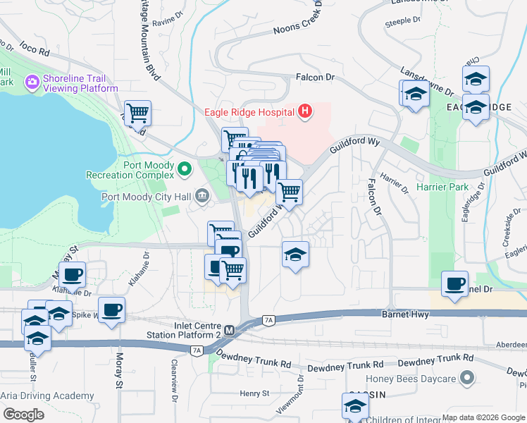 map of restaurants, bars, coffee shops, grocery stores, and more near 235 Guildford Way in Port Moody