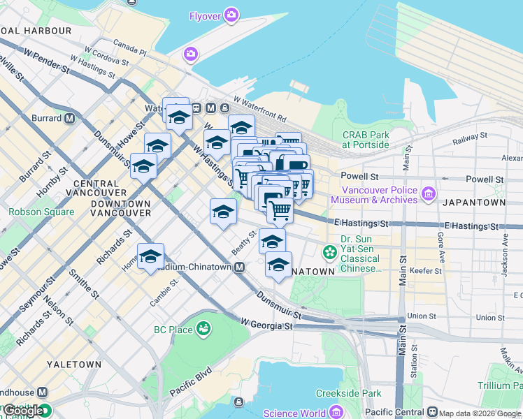 map of restaurants, bars, coffee shops, grocery stores, and more near 130 West Hastings Street in Vancouver