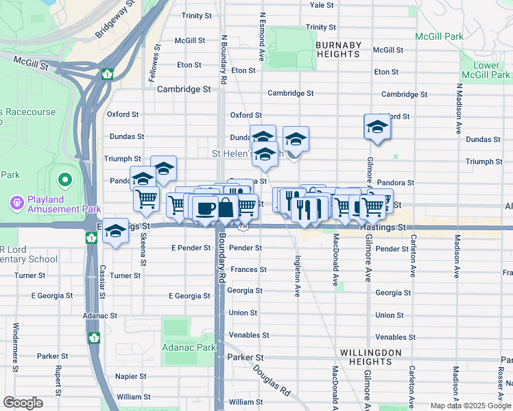 map of restaurants, bars, coffee shops, grocery stores, and more near in Burnaby