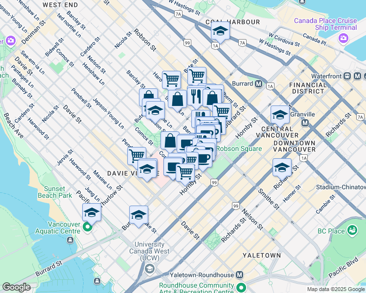 map of restaurants, bars, coffee shops, grocery stores, and more near in Vancouver