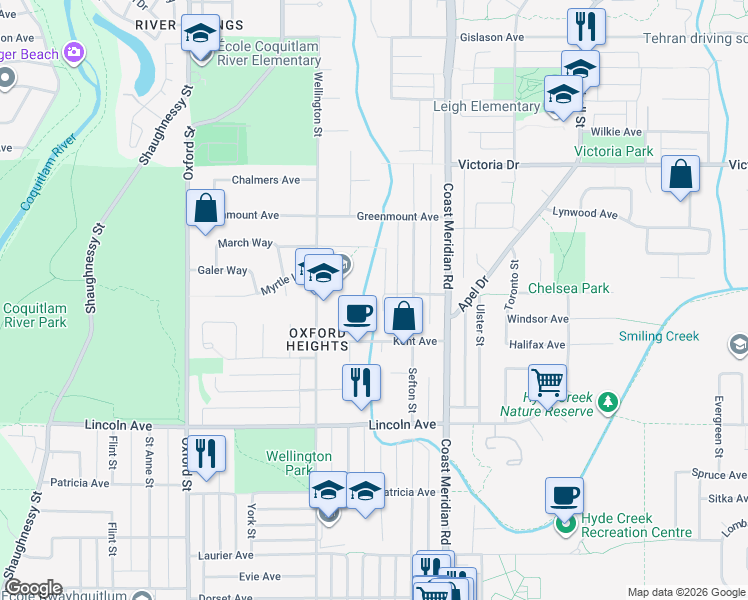 map of restaurants, bars, coffee shops, grocery stores, and more near 3887 Robin Place in Port Coquitlam