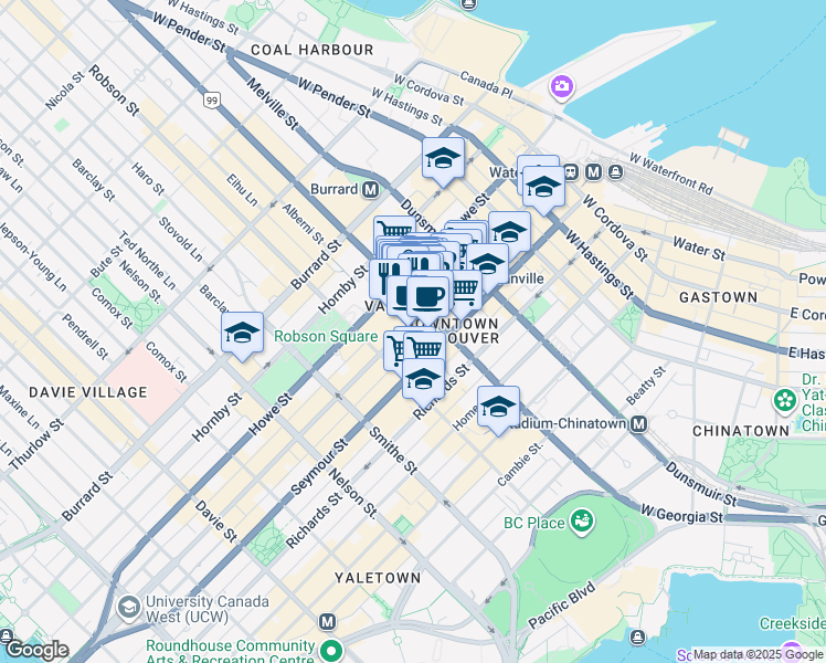 map of restaurants, bars, coffee shops, grocery stores, and more near in Vancouver