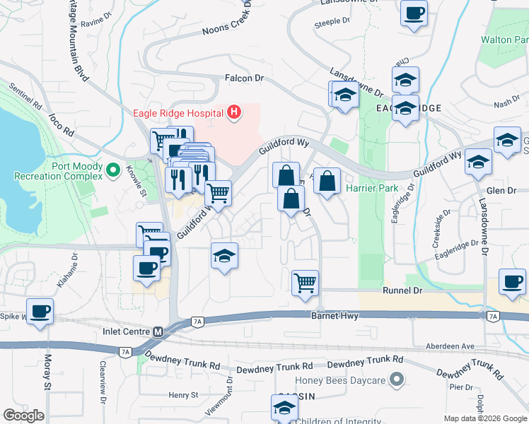 map of restaurants, bars, coffee shops, grocery stores, and more near 313 Highland Way in Port Moody