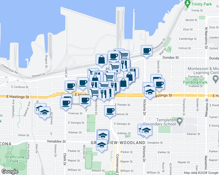 map of restaurants, bars, coffee shops, grocery stores, and more near in Vancouver