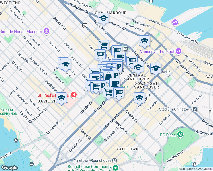 map of restaurants, bars, coffee shops, grocery stores, and more near 847 Hornby Street in Vancouver