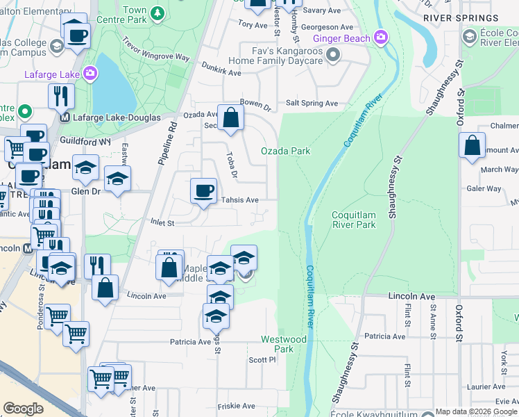 map of restaurants, bars, coffee shops, grocery stores, and more near 3190 Tahsis Avenue in Coquitlam