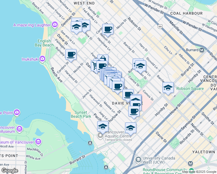 map of restaurants, bars, coffee shops, grocery stores, and more near 1206 Davie Street in Vancouver