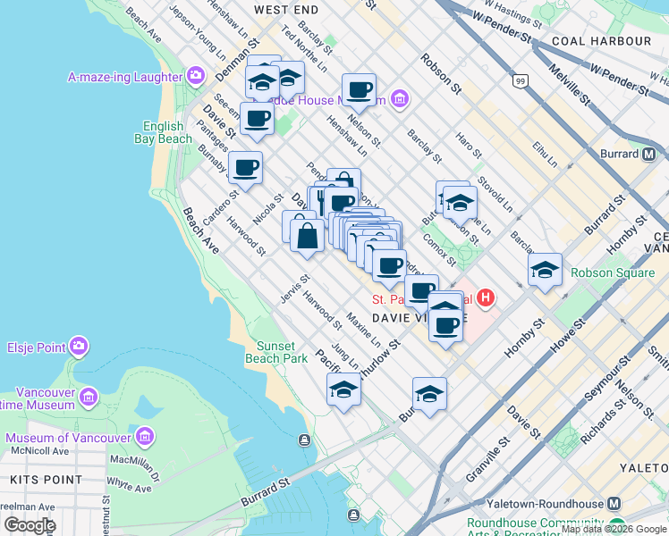 map of restaurants, bars, coffee shops, grocery stores, and more near 1265 Burnaby Street in Vancouver