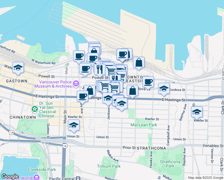 map of restaurants, bars, coffee shops, grocery stores, and more near 508 East Cordova Street in Vancouver