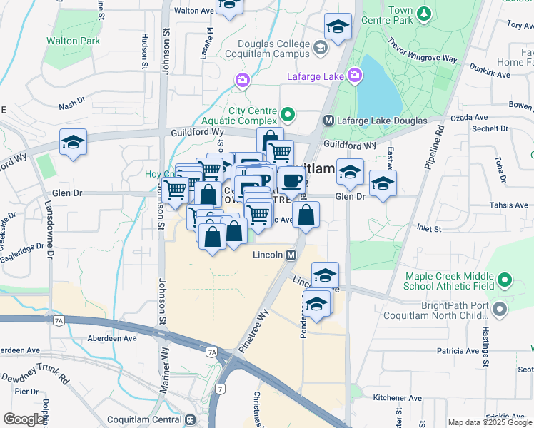 map of restaurants, bars, coffee shops, grocery stores, and more near 1155 The High Street in Coquitlam