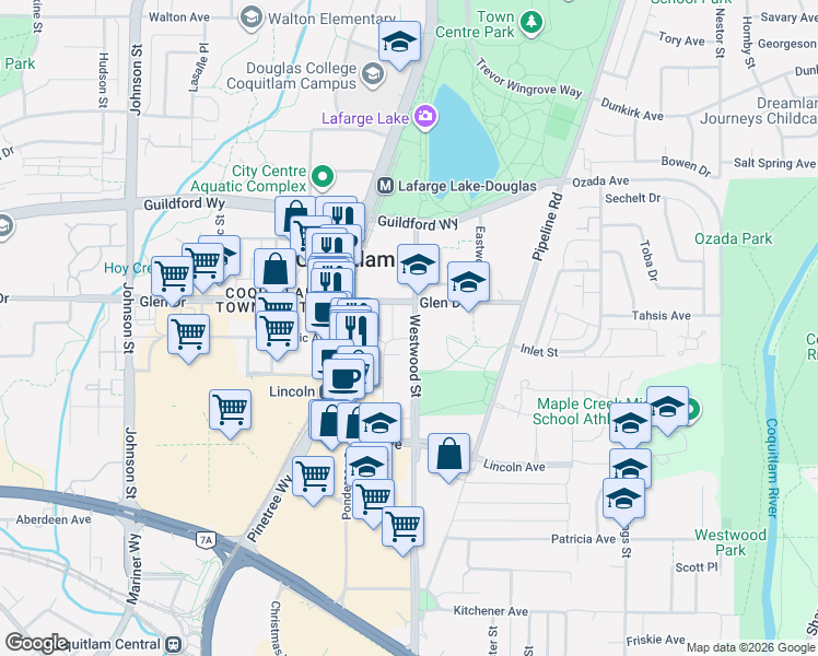 map of restaurants, bars, coffee shops, grocery stores, and more near 1182 Westwood Street in Coquitlam
