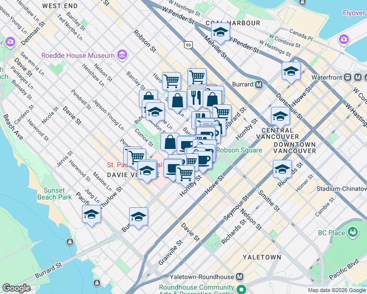 map of restaurants, bars, coffee shops, grocery stores, and more near 1033 Nelson Street in Vancouver