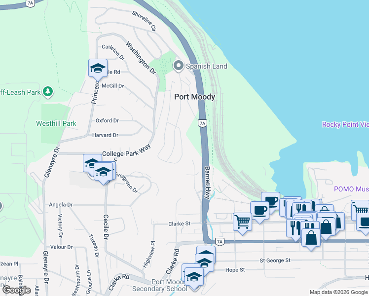map of restaurants, bars, coffee shops, grocery stores, and more near 220 Cornell Way in Port Moody