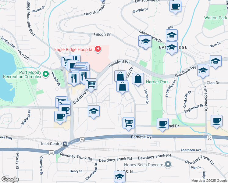 map of restaurants, bars, coffee shops, grocery stores, and more near in Port Moody
