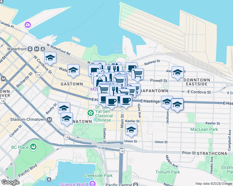map of restaurants, bars, coffee shops, grocery stores, and more near in Vancouver
