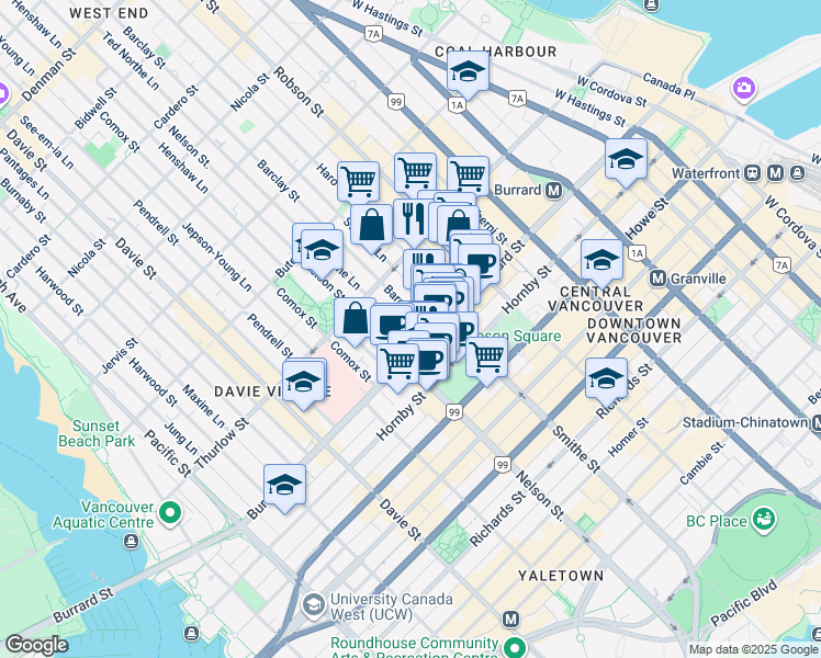 map of restaurants, bars, coffee shops, grocery stores, and more near in Vancouver