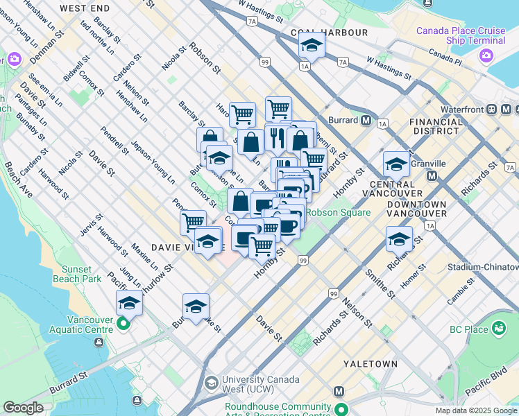 map of restaurants, bars, coffee shops, grocery stores, and more near in Vancouver