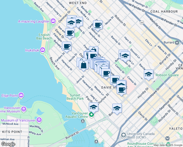 map of restaurants, bars, coffee shops, grocery stores, and more near in Vancouver