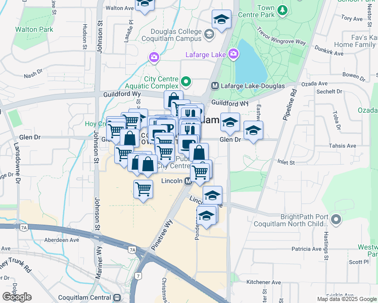 map of restaurants, bars, coffee shops, grocery stores, and more near 1188 Pinetree Way in Coquitlam