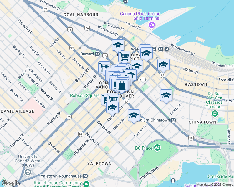 map of restaurants, bars, coffee shops, grocery stores, and more near 705 Seymour Street in Vancouver