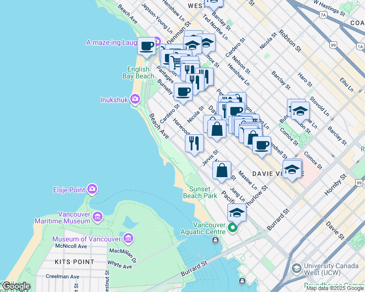 map of restaurants, bars, coffee shops, grocery stores, and more near 1419 Beach Avenue in Vancouver