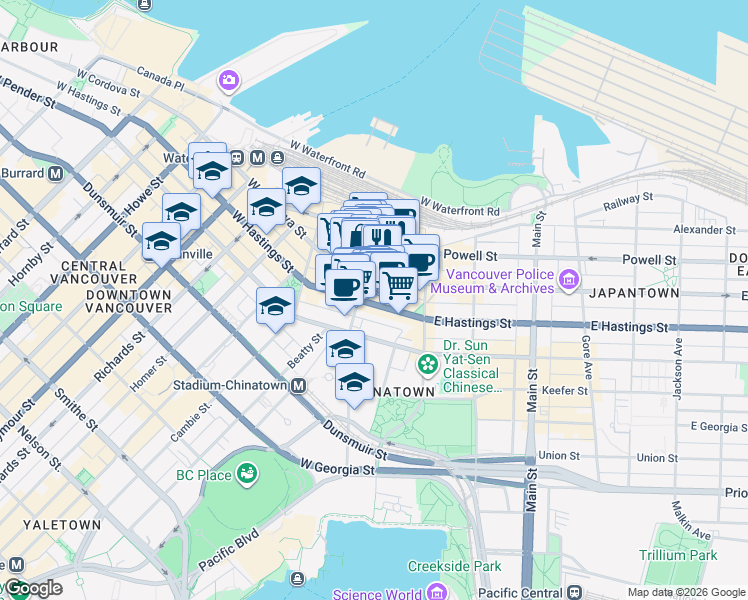 map of restaurants, bars, coffee shops, grocery stores, and more near 53 West Hastings Street in Vancouver