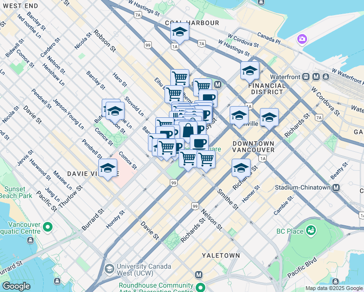 map of restaurants, bars, coffee shops, grocery stores, and more near 865 Hornby Street in Vancouver