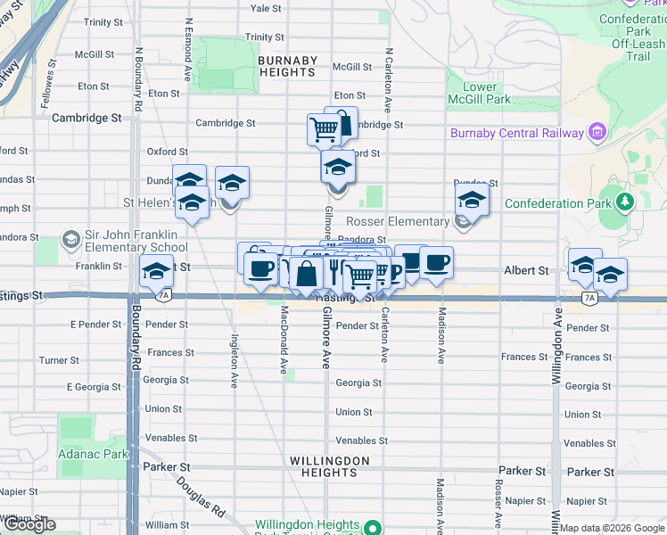map of restaurants, bars, coffee shops, grocery stores, and more near 310 Gilmore Avenue in Burnaby