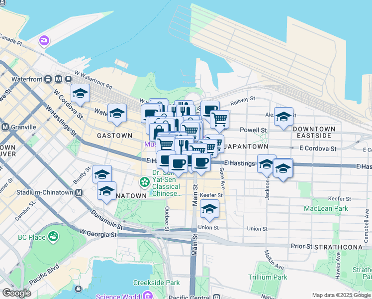 map of restaurants, bars, coffee shops, grocery stores, and more near 150 East Cordova Street in Vancouver