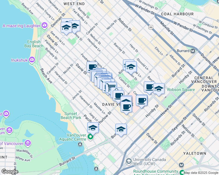 map of restaurants, bars, coffee shops, grocery stores, and more near 1150 Bute Street in Vancouver