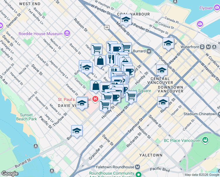 map of restaurants, bars, coffee shops, grocery stores, and more near 1028 Barclay Street in Vancouver