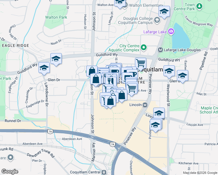 map of restaurants, bars, coffee shops, grocery stores, and more near 2922 Glen Drive in Coquitlam