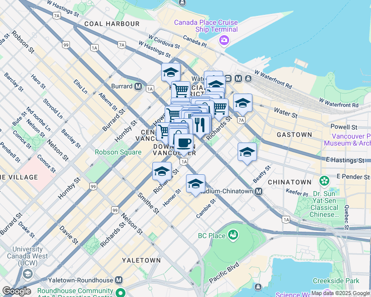 map of restaurants, bars, coffee shops, grocery stores, and more near 500 Dunsmuir Street in Vancouver