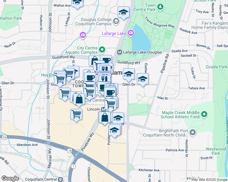 map of restaurants, bars, coffee shops, grocery stores, and more near in Coquitlam